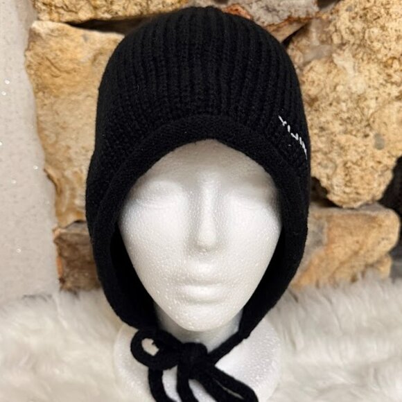 New Black Knit Winter Bonnet Hat With Ties - Picture 2 of 8